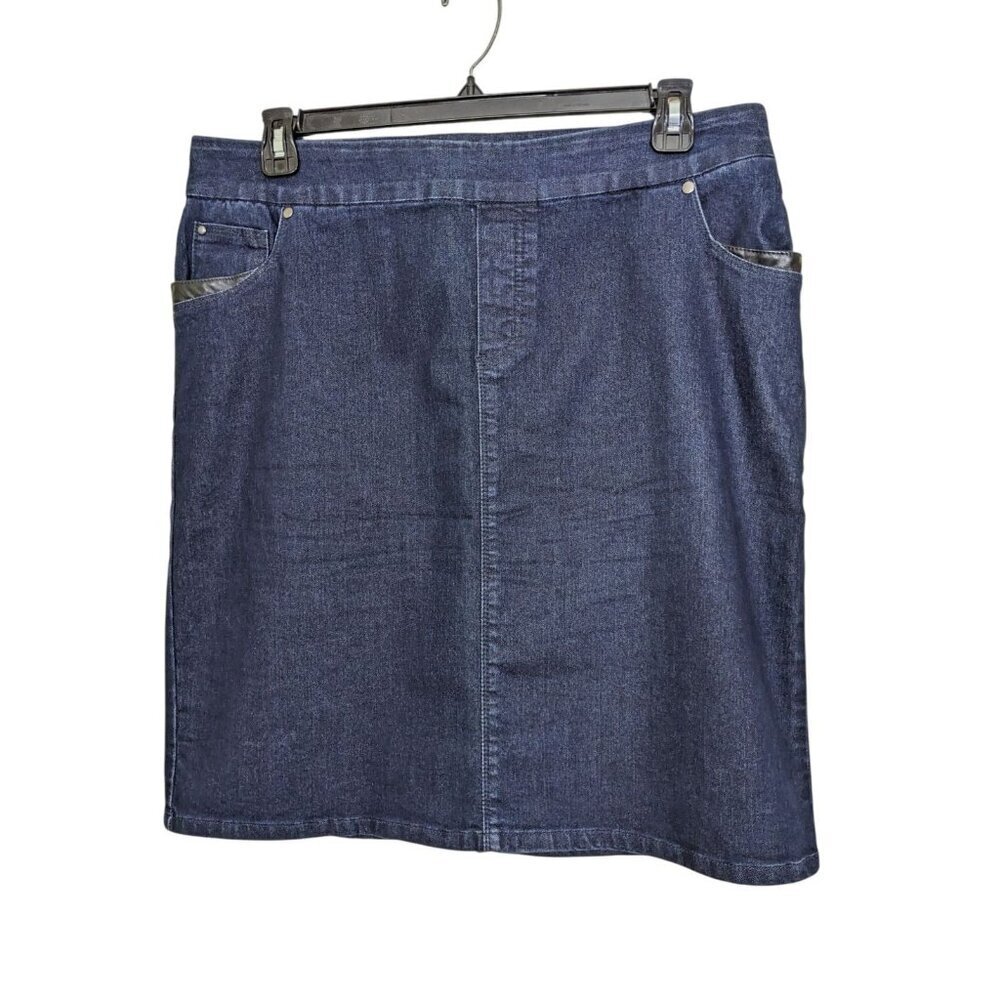 Womens Jean Pencil Skirt Size 14 Dark Wash Denim Blue Back Slit Stretch Pockets